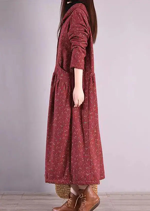 Vintage Brick Red Hooded Patchwork Warm Fleece Coats Winter Ada Fashion