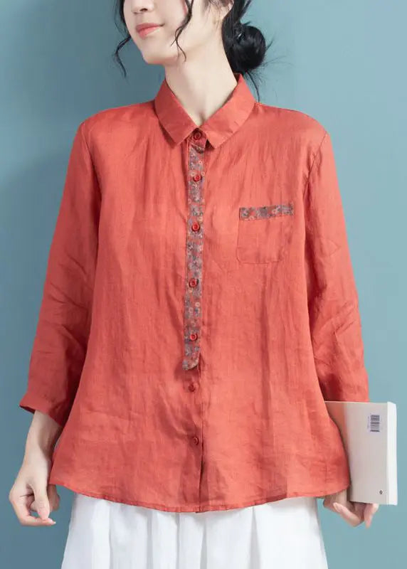 Vintage Brick Red Peter Pan Collar Print Ramie Top Long Sleeve Ada Fashion