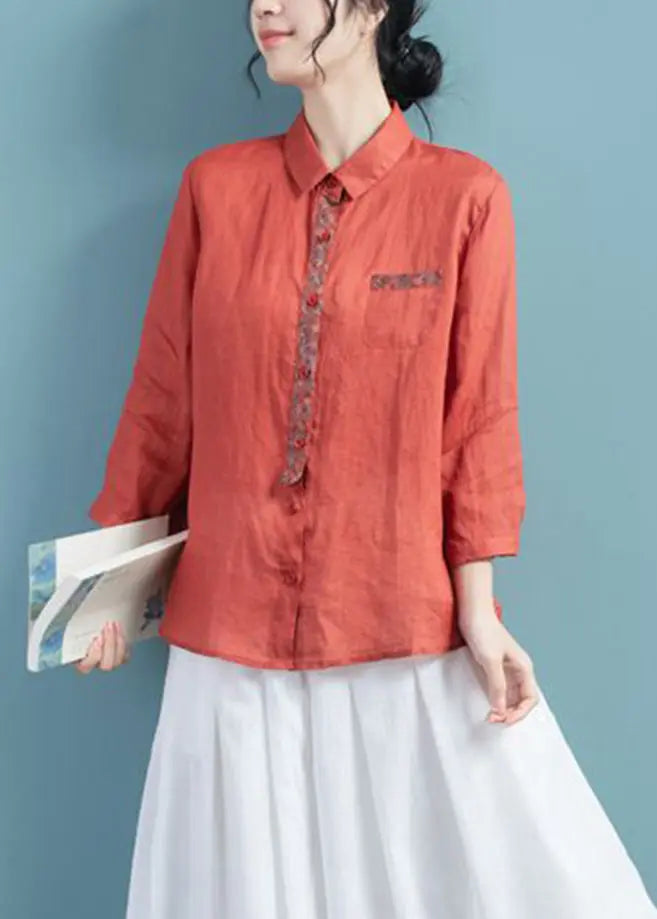 Vintage Brick Red Peter Pan Collar Print Ramie Top Long Sleeve Ada Fashion