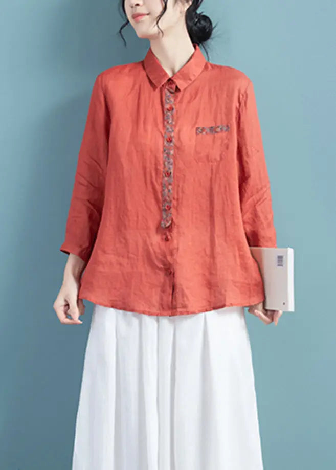 Vintage Brick Red Peter Pan Collar Print Ramie Top Long Sleeve Ada Fashion