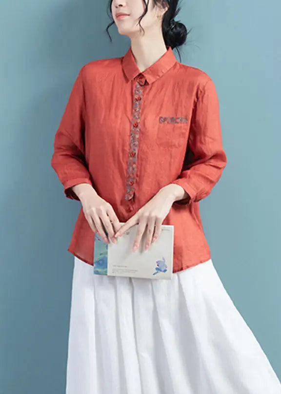 Vintage Brick Red Peter Pan Collar Print Ramie Top Long Sleeve Ada Fashion
