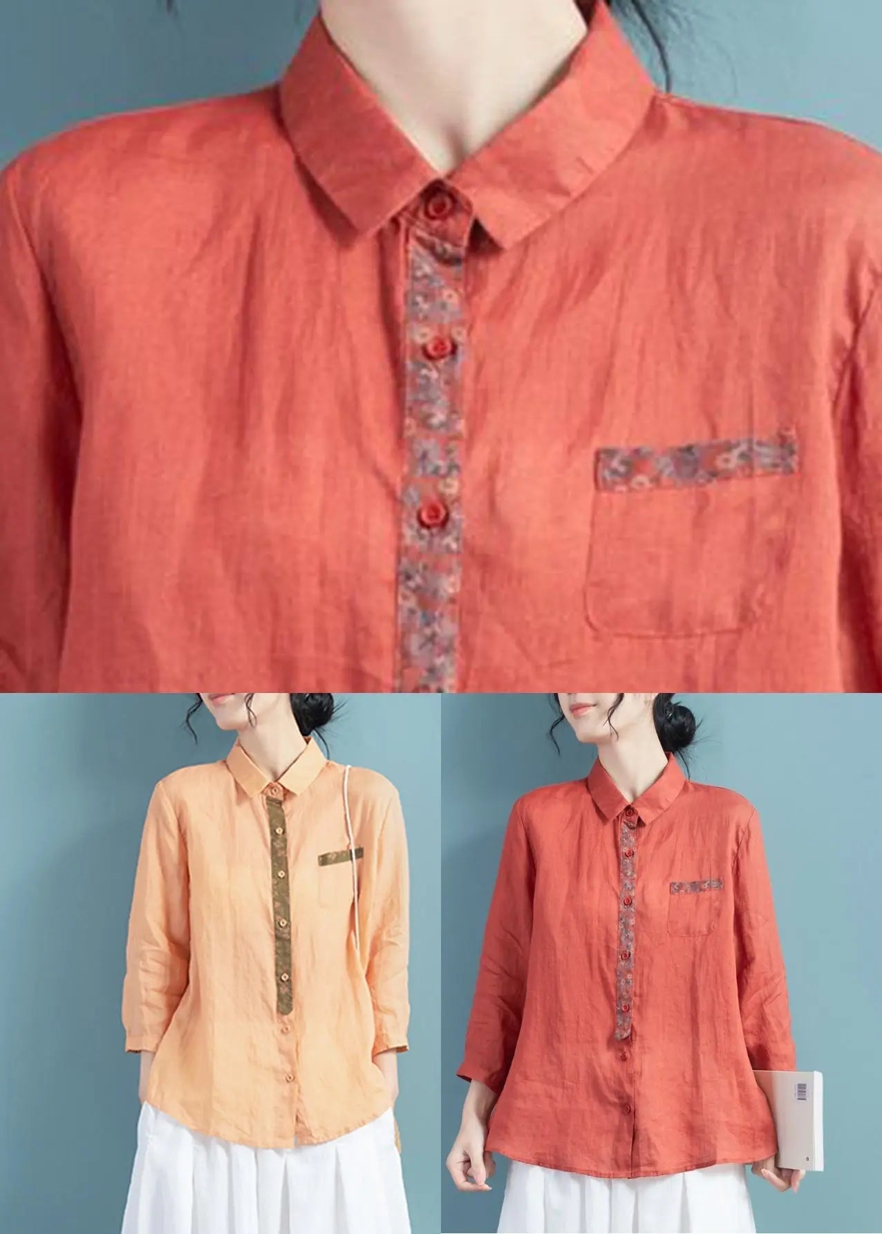 Vintage Brick Red Peter Pan Collar Print Ramie Top Long Sleeve Ada Fashion