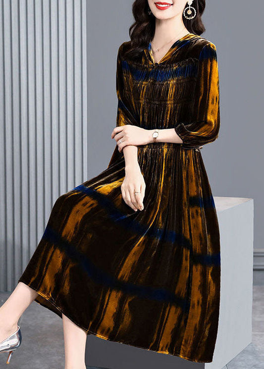 Vintage Brown Hooded Ruffled Wrinkled Silk Velour Maxi Dresses Spring LC0078 - fabuloryshop