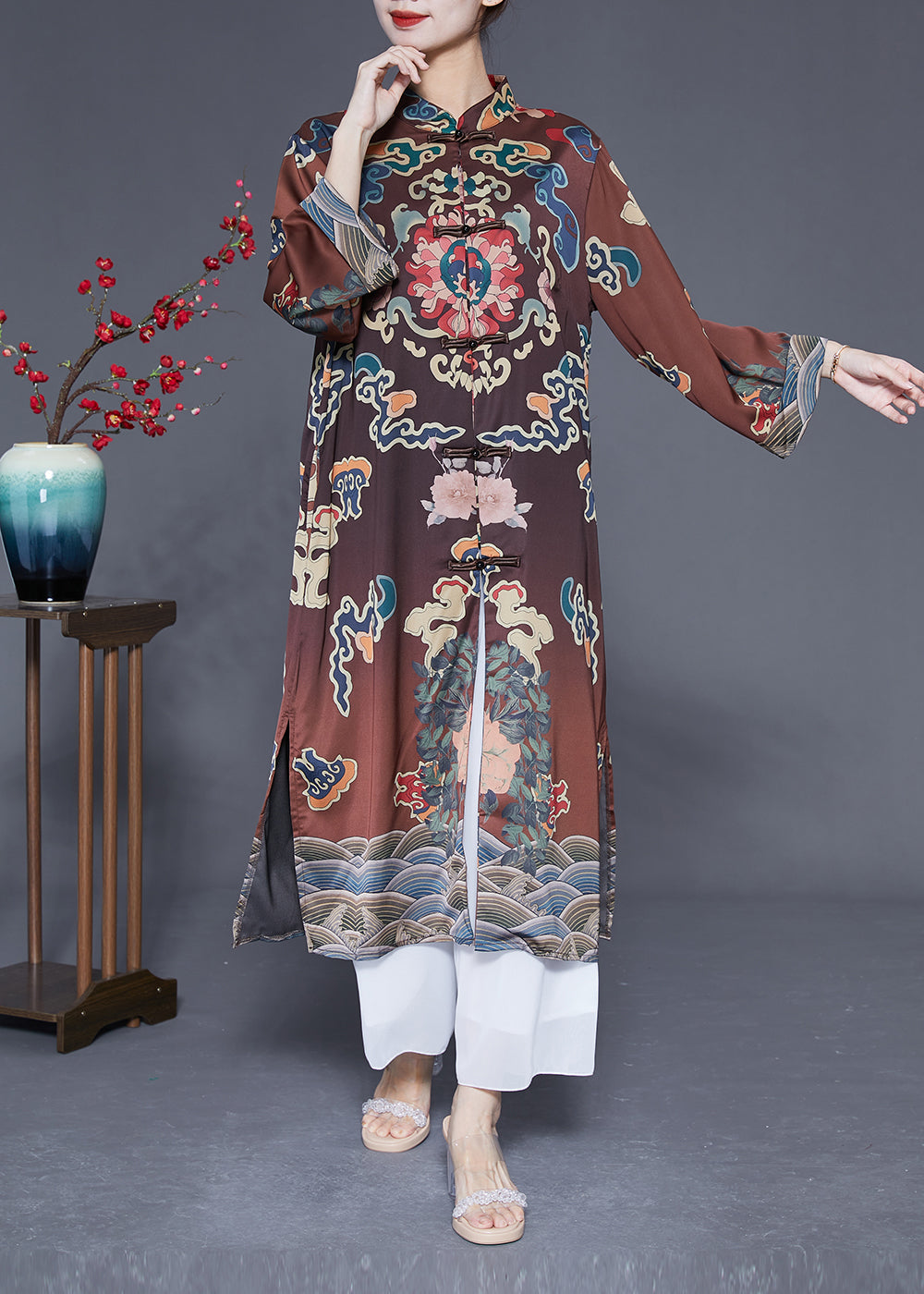Vintage Brown Mandarin Collar Chinese Button Side Open Silk Trench Spring LY1833 - fabuloryshop
