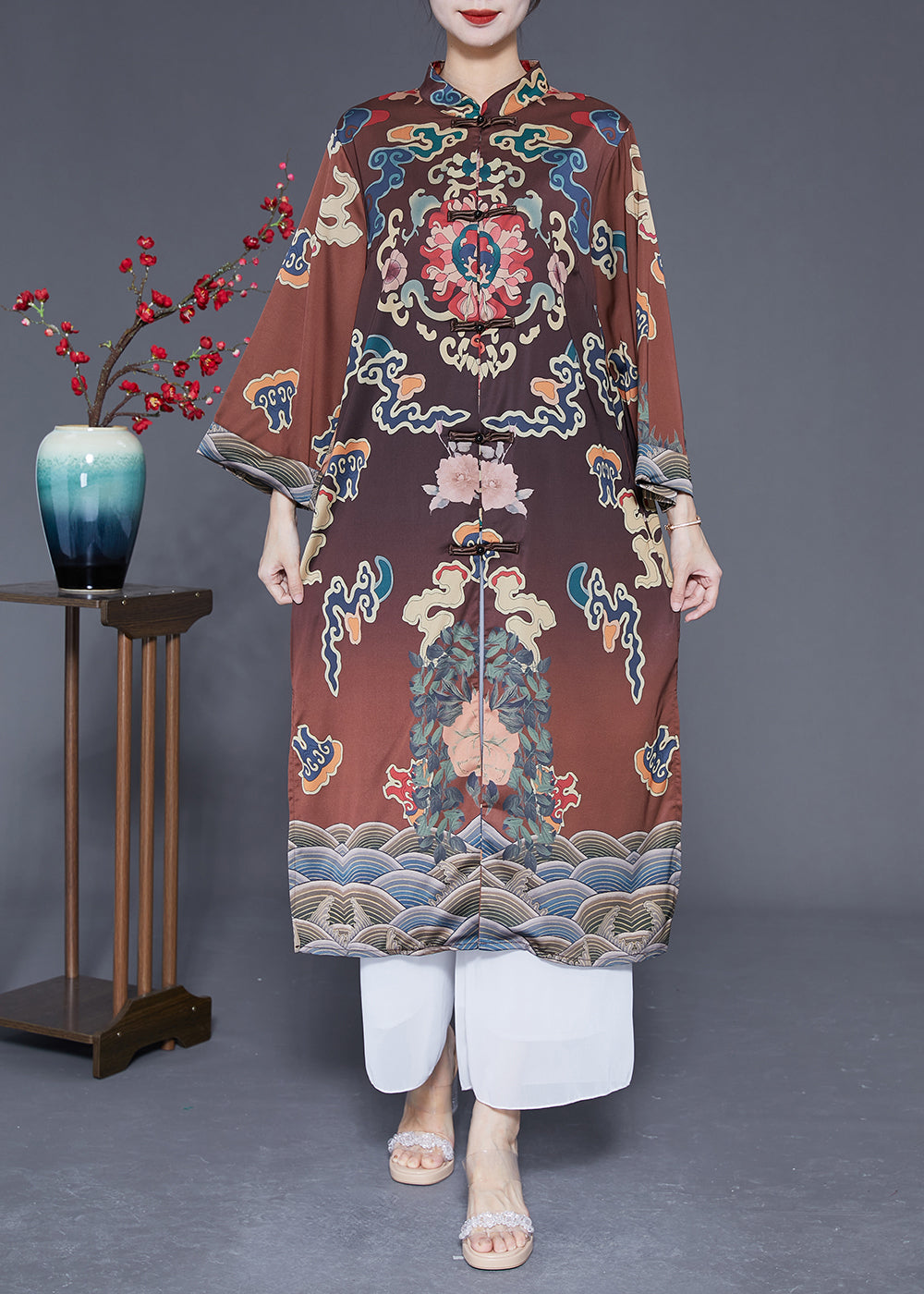 Vintage Brown Mandarin Collar Chinese Button Side Open Silk Trench Spring LY1833 - fabuloryshop