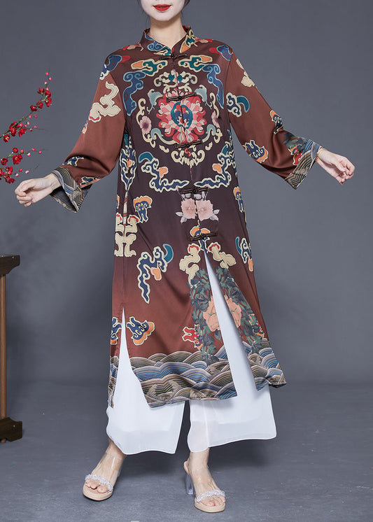 Vintage Brown Mandarin Collar Chinese Button Side Open Silk Trench Spring LY1833 - fabuloryshop