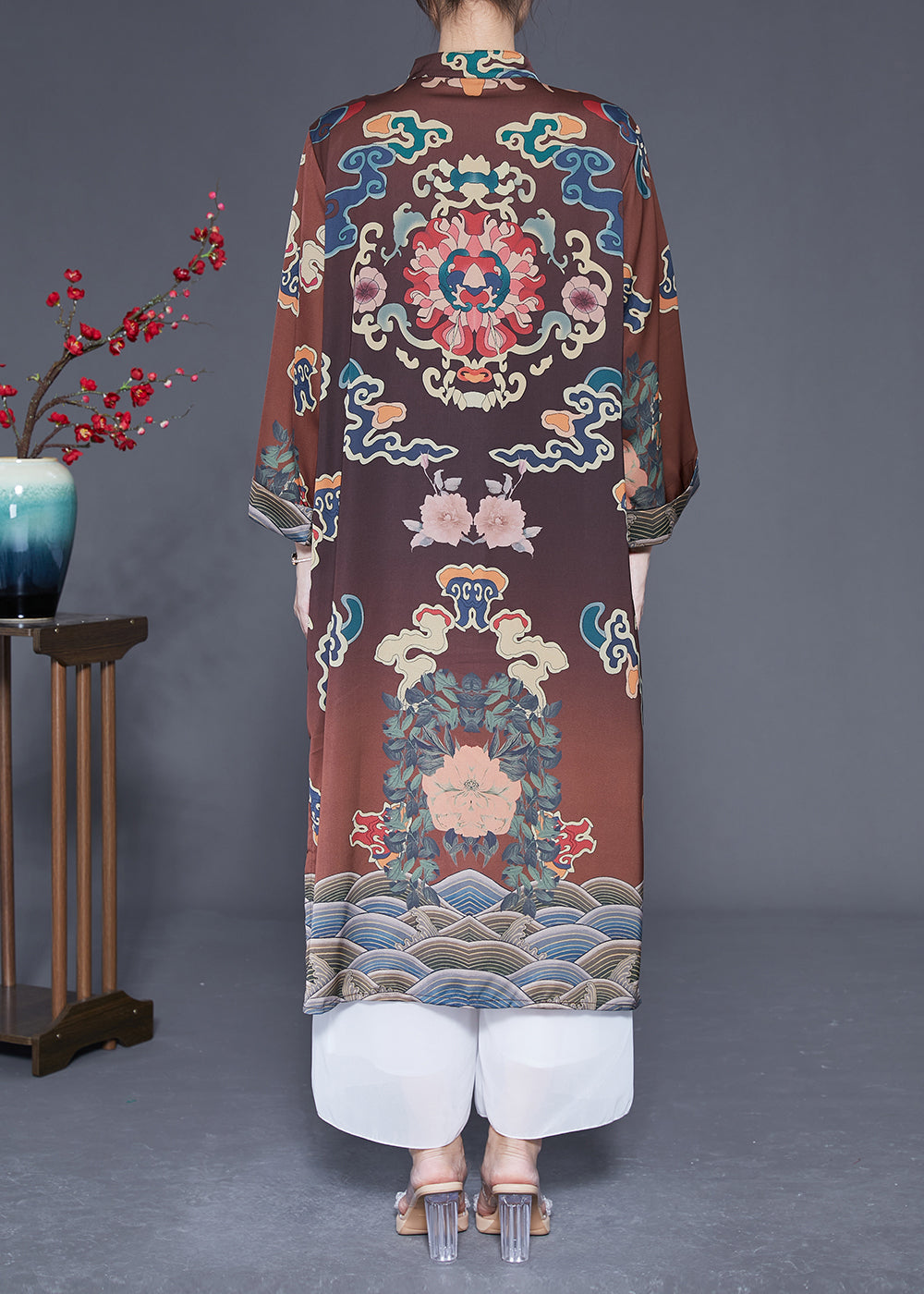 Vintage Brown Mandarin Collar Chinese Button Side Open Silk Trench Spring LY1833 - fabuloryshop