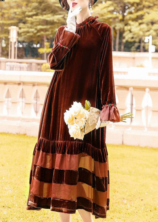 Vintage Brown Oversized Patchwork Silk Velour Robe Dresses Spring LY1070 - fabuloryshop