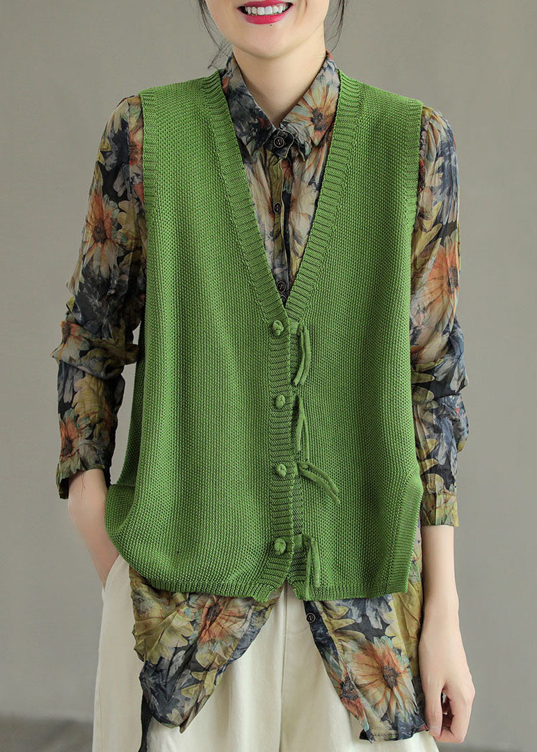 Vintage Brown V Neck Button Tassel Patchwork Knit Vest Sleeveless Ada Fashion