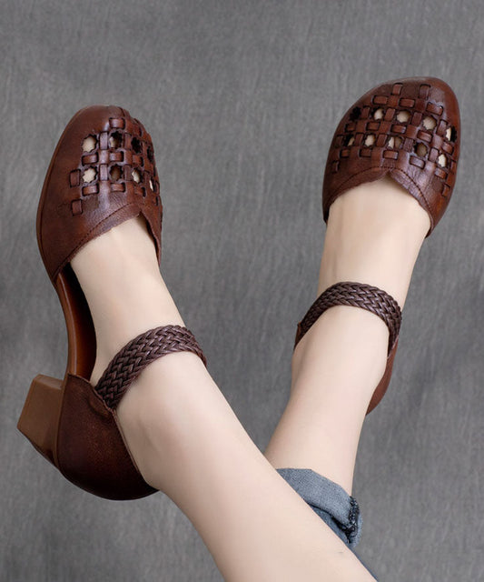 Vintage Buckle Strap Hollow Out Splicing Chunky Heel Brown Cowhide Leather Ada Fashion