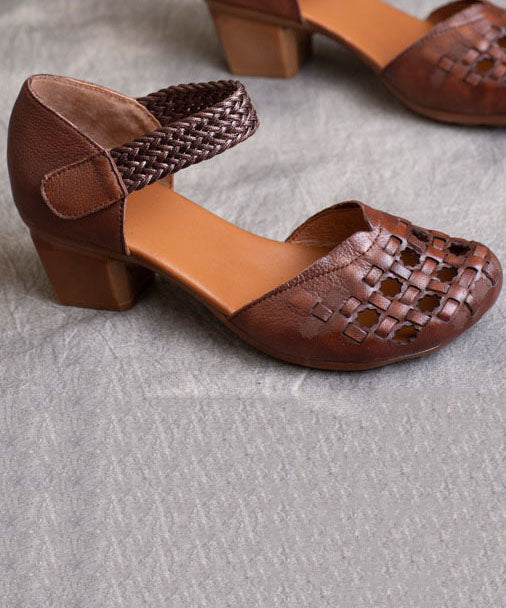 Vintage Buckle Strap Hollow Out Splicing Chunky Heel Brown Cowhide Leather Ada Fashion