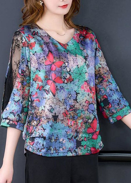 Vintage Butterfly Print V Neck Lace Patchwork Silk Tops Spring LY4582 - fabuloryshop