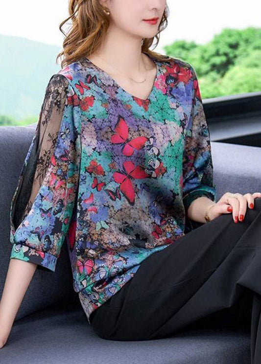 Vintage Butterfly Print V Neck Lace Patchwork Silk Tops Spring LY4582 - fabuloryshop