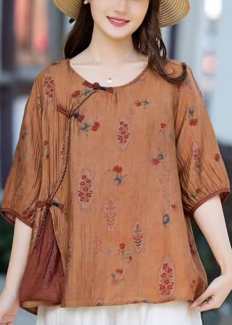 Vintage Camel O Neck Print Chinese Button Patchwork Cotton T Shirt Summer LY6964 Ada Fashion