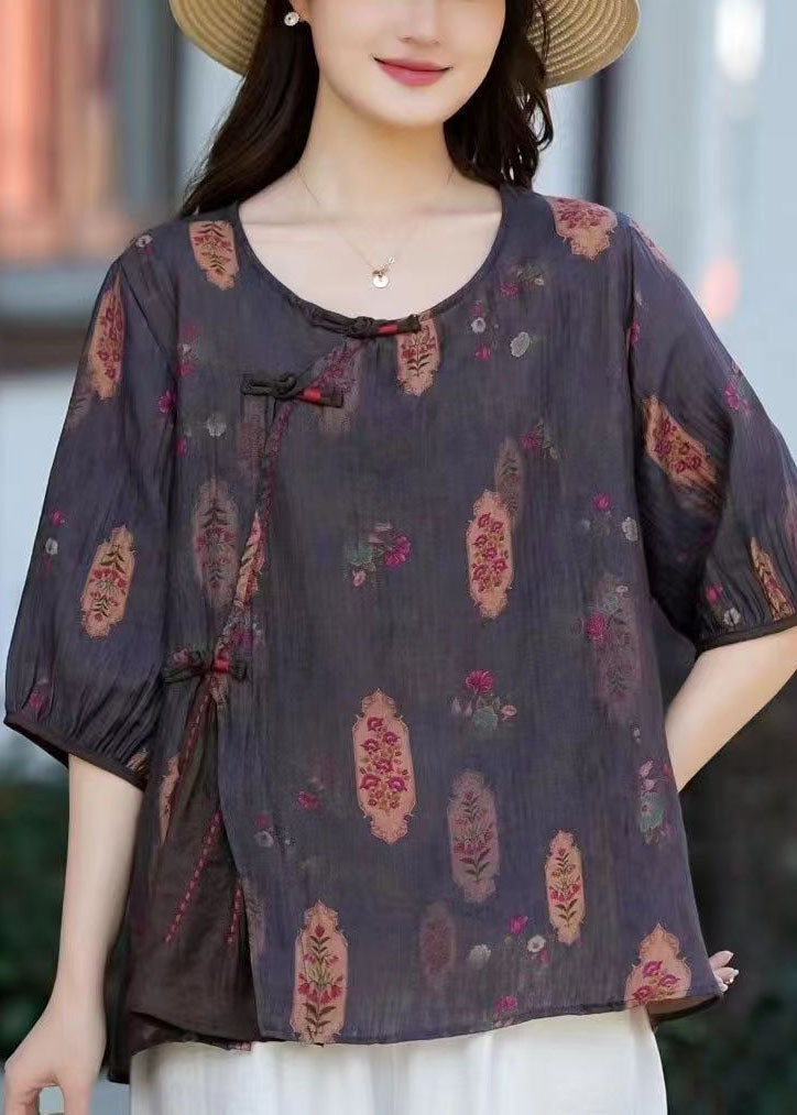 Vintage Camel O Neck Print Chinese Button Patchwork Cotton T Shirt Summer LY6964 Ada Fashion