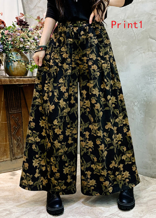 Vintage Casual Print Denim Wide Leg Pants For Autumn Ada Fashion