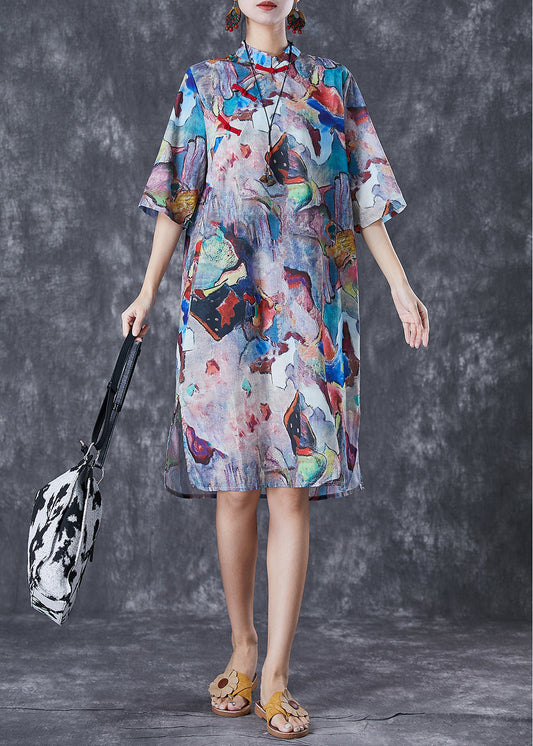 Vintage Character Print Chinese Button Linen Cheongsam Dresses Summer Ada Fashion