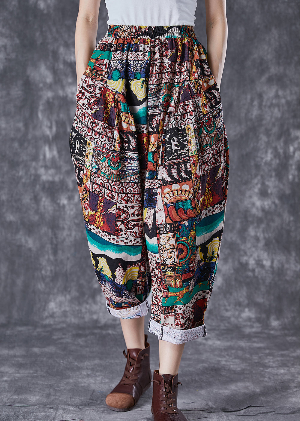 Vintage Chocolate High Waist Oversized Print Cotton Pants Summer Ada Fashion