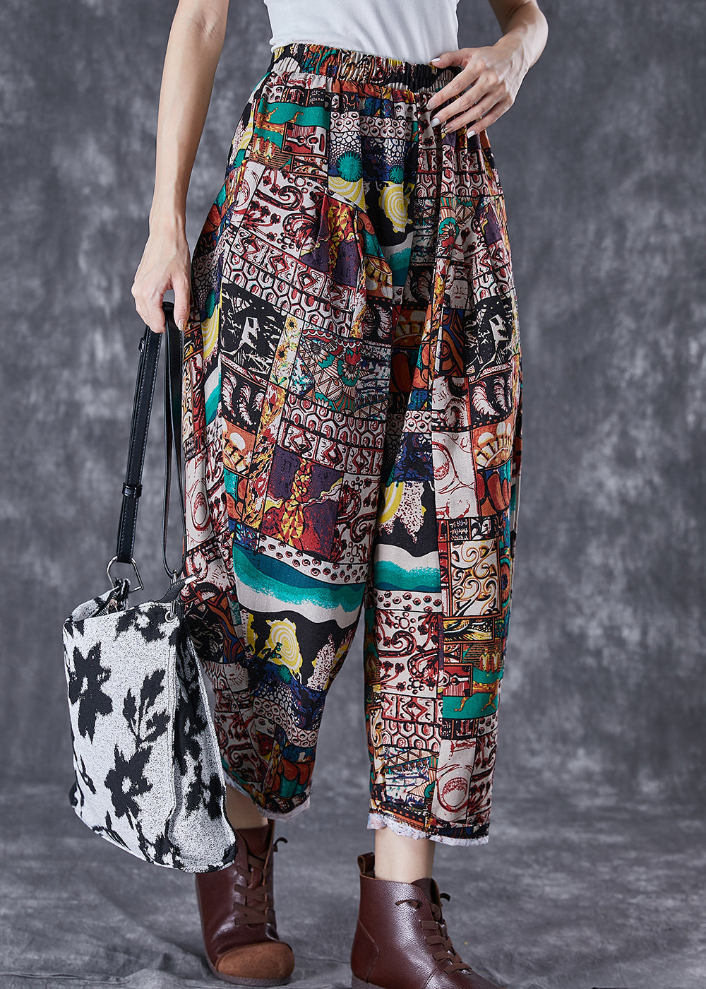 Vintage Chocolate High Waist Oversized Print Cotton Pants Summer Ada Fashion