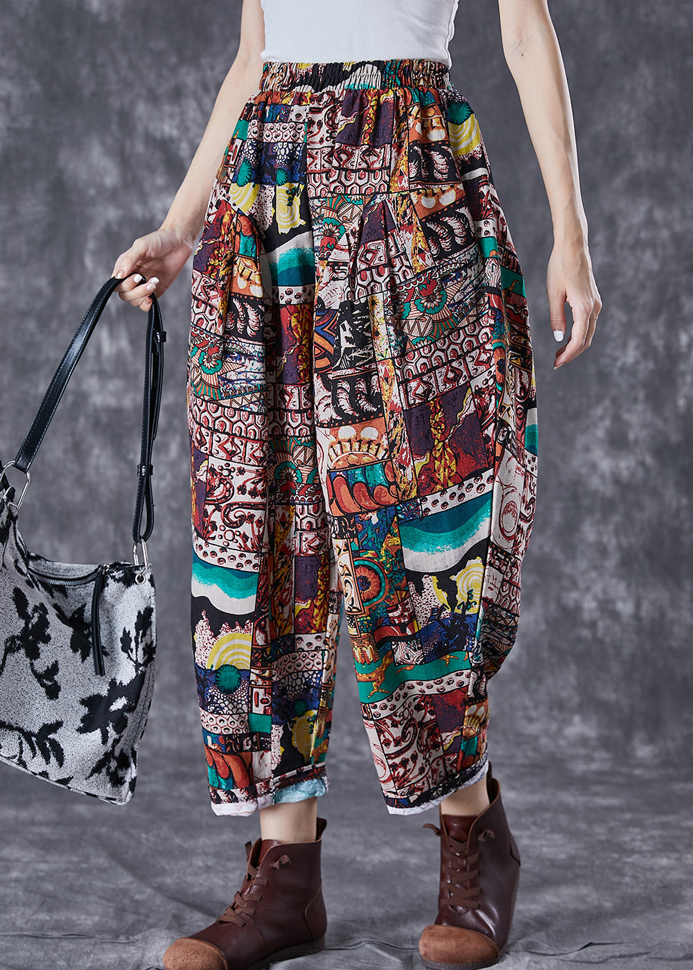 Vintage Chocolate High Waist Oversized Print Cotton Pants Summer Ada Fashion