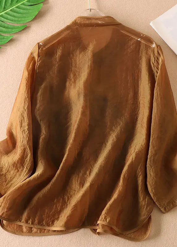 Vintage Coffee Chinese Button Embroideried Tulle Blouses Long sleeve Ada Fashion