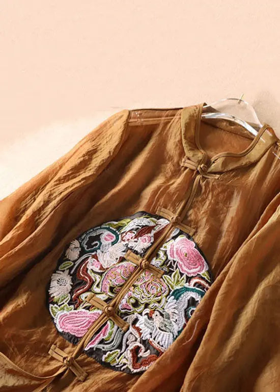 Vintage Coffee Chinese Button Embroideried Tulle Blouses Long sleeve Ada Fashion