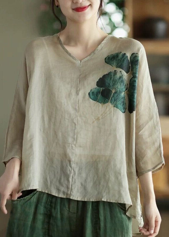 Vintage Coffee Green V Neck Print Patchwork Linen Shirts Half Sleeve LY4451 - fabuloryshop