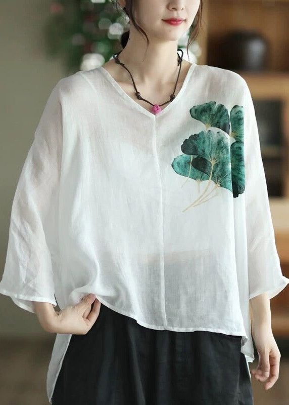 Vintage Coffee Green V Neck Print Patchwork Linen Shirts Half Sleeve LY4451 - fabuloryshop