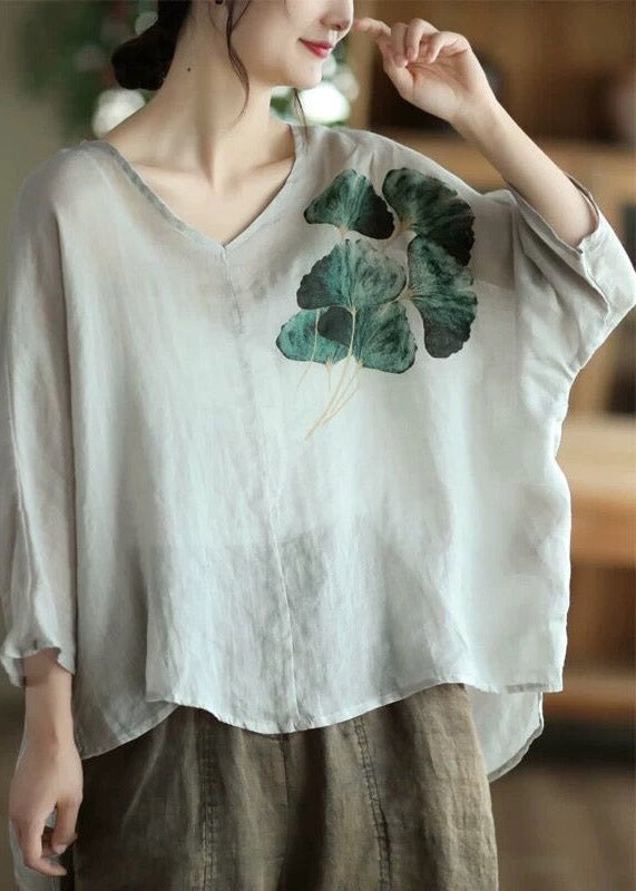 Vintage Coffee Green V Neck Print Patchwork Linen Shirts Half Sleeve LY4451 - fabuloryshop