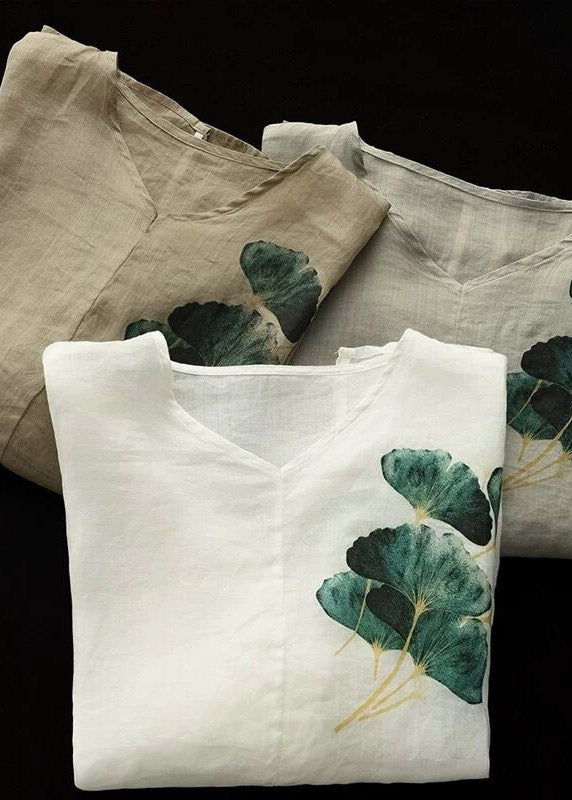 Vintage Coffee Green V Neck Print Patchwork Linen Shirts Half Sleeve LY4451 - fabuloryshop