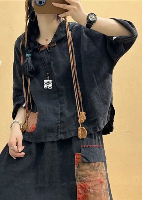 Vintage Coffee Hooded Patchwork Tops And Skirts Cotton Two Pieces Set Summer Ada Fashion