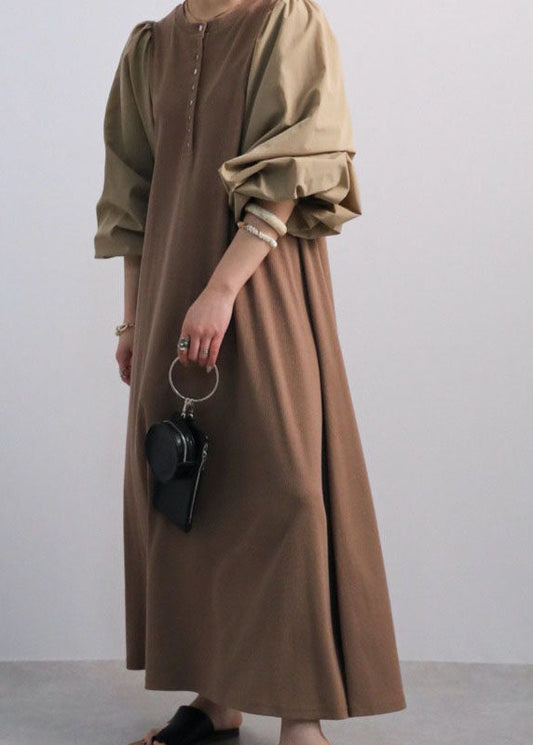 Vintage Coffee O Neck Patchwork Cotton Dress Lantern Sleeve LY1345 - fabuloryshop