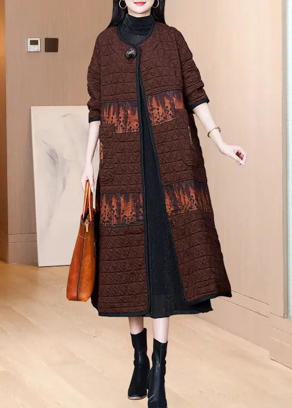 Vintage Coffee O Neck Pockets Patchwork Fine Cotton Filled Coat Fall Ada Fashion