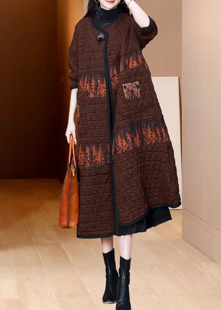 Vintage Coffee O Neck Pockets Patchwork Fine Cotton Filled Coat Fall Ada Fashion