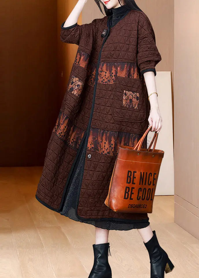 Vintage Coffee O Neck Pockets Patchwork Fine Cotton Filled Coat Fall Ada Fashion