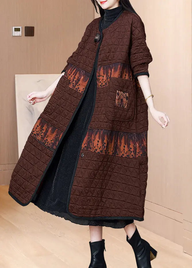 Vintage Coffee O Neck Pockets Patchwork Fine Cotton Filled Coat Fall Ada Fashion