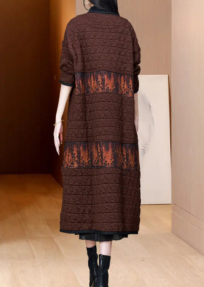 Vintage Coffee O Neck Pockets Patchwork Fine Cotton Filled Coat Fall Ada Fashion