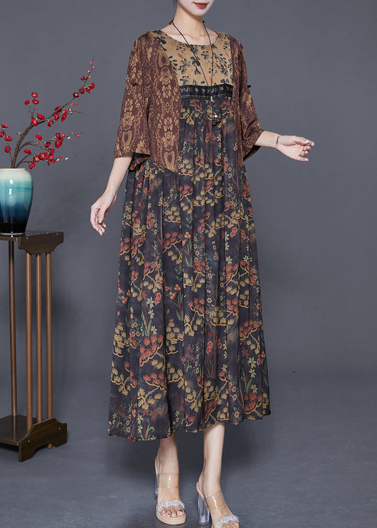 Vintage Coffee Oversized Patchwork Print Silk Dress Summer Ada Fashion