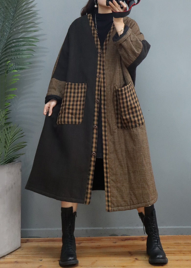 Vintage Coffee Plaid Pockets Patchwork Thick Long Coat Fall Ada Fashion