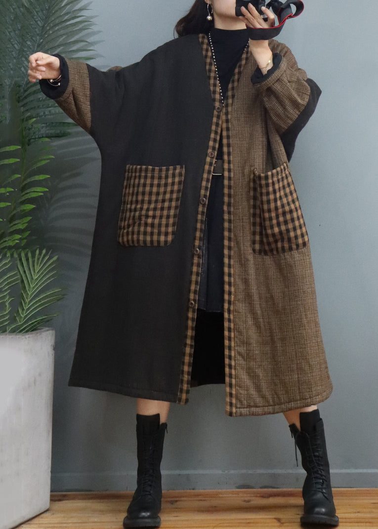 Vintage Coffee Plaid Pockets Patchwork Thick Long Coat Fall Ada Fashion