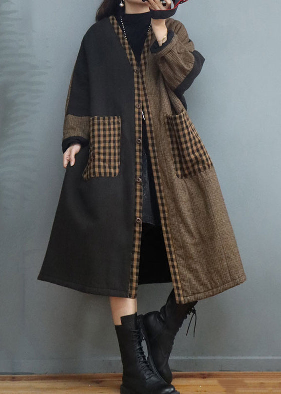 Vintage Coffee Plaid Pockets Patchwork Thick Long Coat Fall Ada Fashion