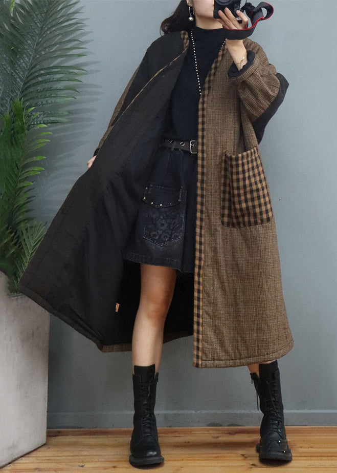 Vintage Coffee Plaid Pockets Patchwork Thick Long Coat Fall Ada Fashion