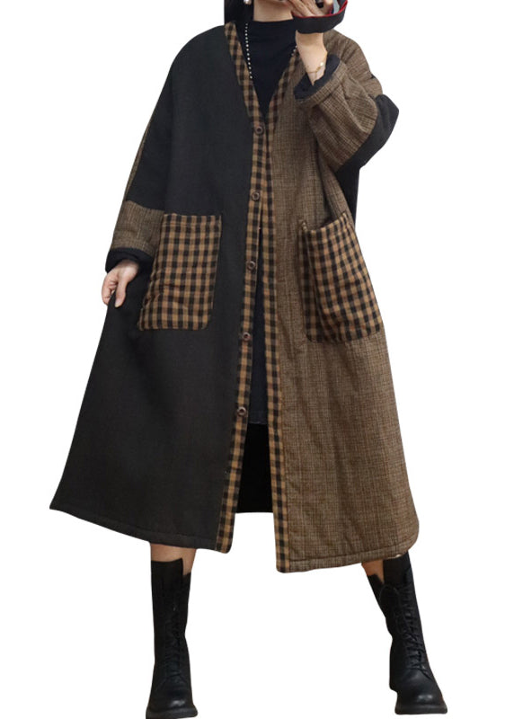 Vintage Coffee Plaid Pockets Patchwork Thick Long Coat Fall Ada Fashion