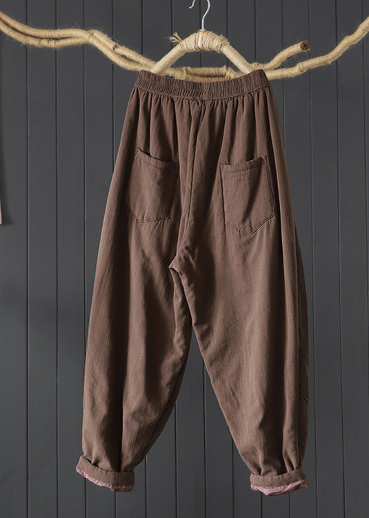 Vintage Coffee Pockets Patchwork Fine Cotton Filled Pants Winter Ada Fashion