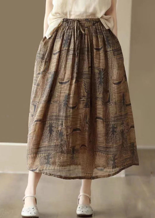 Vintage Coffee Print Cinched Patchwork Linen Skirts Summer Ada Fashion