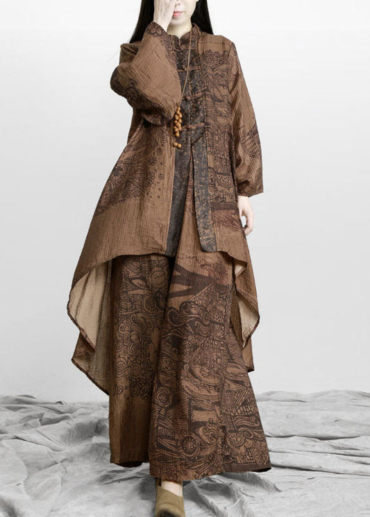 Vintage Coffee Print Patchwork Tops And Pants Silk Two Pieces Set Long Sleeve LY5181 - fabuloryshop