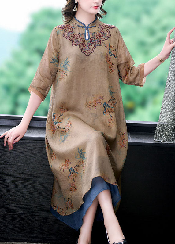 Vintage Coffee Stand Collar Embroideried Patchwork Linen Long Dresses Summer LY5893 - fabuloryshop