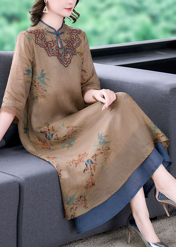 Vintage Coffee Stand Collar Embroideried Patchwork Linen Long Dresses Summer LY5893 - fabuloryshop