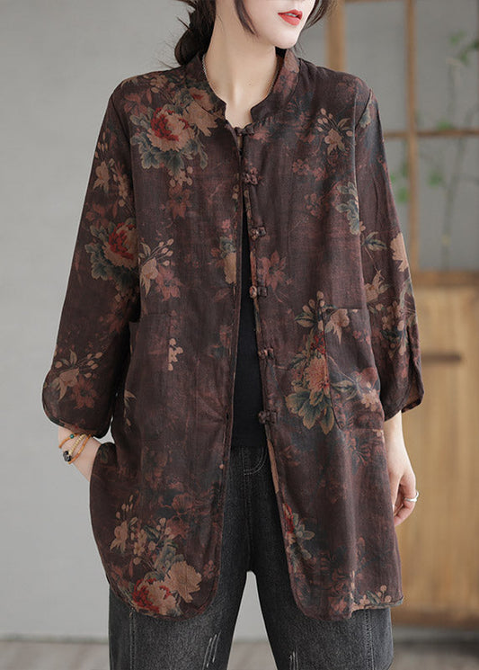 Vintage Coffee Stand Collar Print Button Linen Coat Long Sleeve LY2990 - fabuloryshop