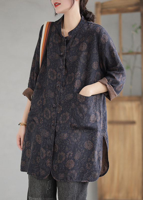 Vintage Coffee Stand Collar Print Button Linen Coat Long Sleeve LY2990 - fabuloryshop